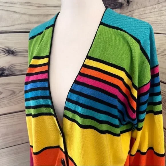 Vintage Rainbow Colorful Striped Button Front Oversized Cardigan Sweater - Picture 2 of 5